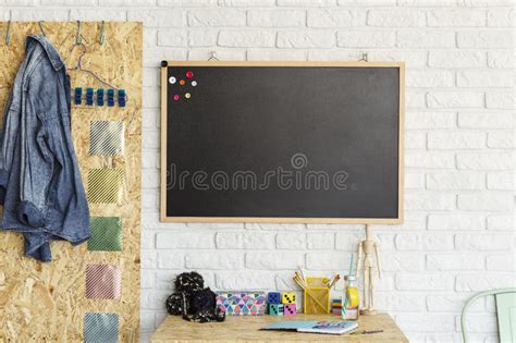Desk And Blackboard In Modern Room Stock Photo Image Of Notebook