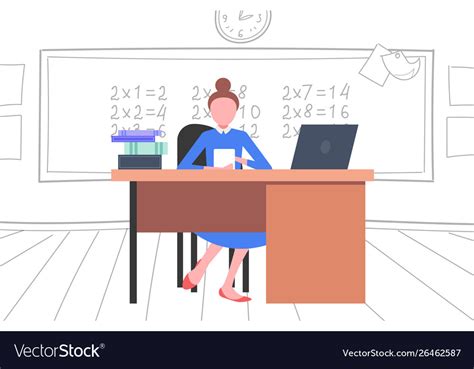 female teacher sitting at desk in front royalty free vector