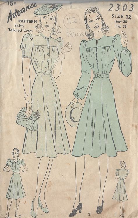 1940s Vintage Sewing Pattern B30 Dress 112 The Vintage Pattern Shop