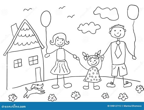 Familia Feliz Del Dibujo Del Niño Con El Perro Padre Madre Hija Y Su