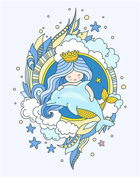 Mermaid With Dolphin Surrounded Blue Seaweed Starfish Clouds Doodle