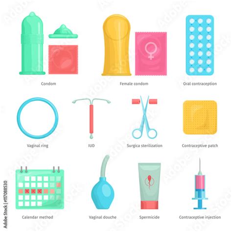 contraception methods cartoon icons set with calendar injection and oral contraception symbols