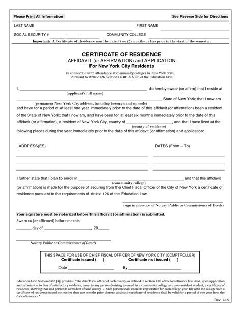 Free Printable Residency Affidavit Form Printable Forms Free Online