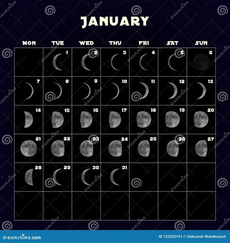 Moon Phases Calendar For 2019 With Realistic Moon January Vector