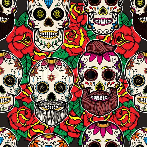 Seamless Pattern With Mexican Sugar Skulls And Roses Design Element