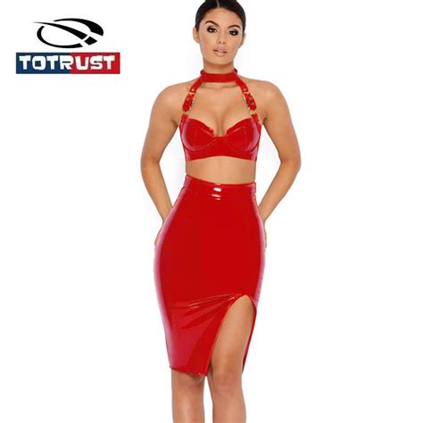 Totrust Sexy Pu Leather Set 2018 Summer 2 Piece Set Women Skirt Top Elegant Fashion Skirt Club