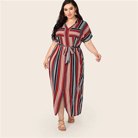 Shein Plus Size Multicolor Pocket Patched Belted Striped Shirt Dress