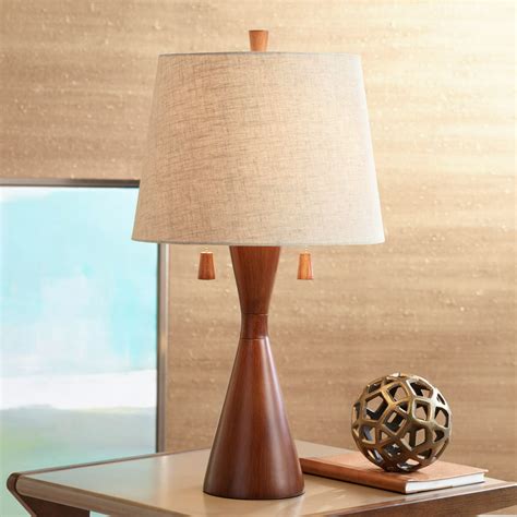 360 Lighting Modern Table Lamp Warm Brown Wood Hourglass Oatmeal Fabric