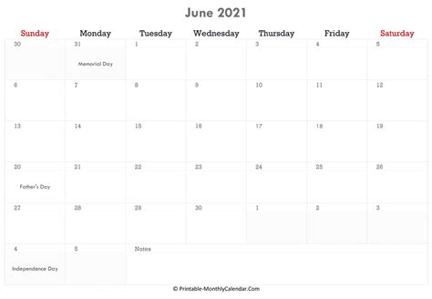 June 2021 Calendar Printable With Holidays