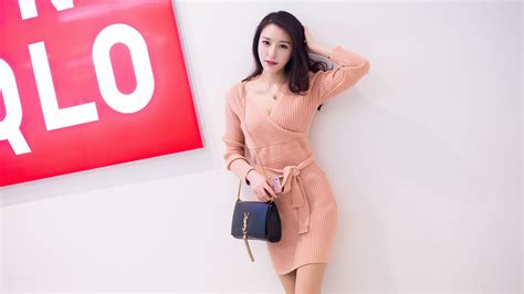 asian women model brunette long hair looking at viewer xiuren orange dress handbags