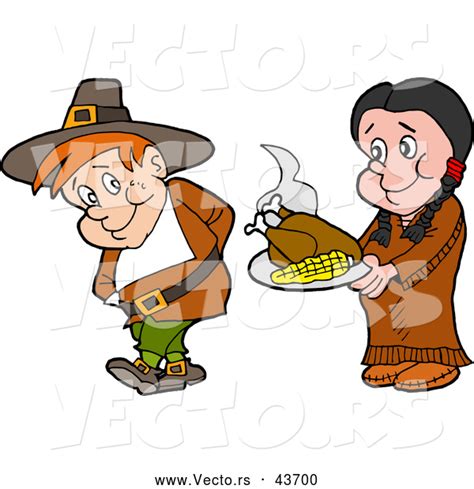 Vector Of A Native American Cartoon Woman Offering A Pilgrim Thanksgiving Turkey And Corn By
