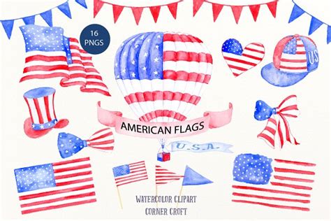 Watercolor American Flags Custom Designed Illustrations ~ Creative Market
