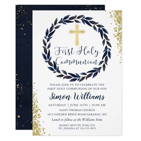Navy Blue Wreath Gold Glitter First Holy Communion Invitation Zazzle