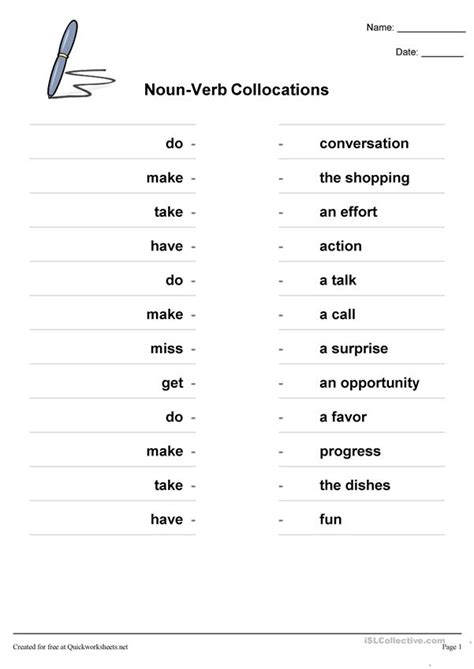 Morphologically, verbs have a past tense form and a progressive form. Noun Verb Collocations worksheet - Free ESL printable ...