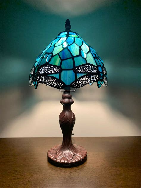 14 Tiffany Table Lamp Sea Blue Stained Glass And Crystal Bead