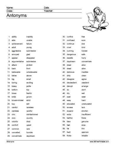 Antonyms List Free Printable