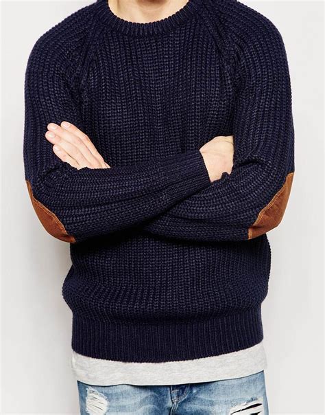 Brave Soul Chunky Knit Elbow Patch Jumper In Navy Blue For Men Lyst