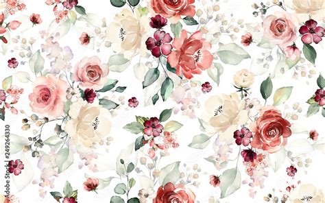Seamless Pattern With Flowers And Leaves Hand Drawn Background Floral