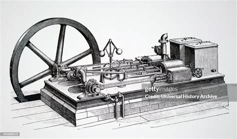 Engraving Depicting A Horizontal Steam Engine Showing The Governor