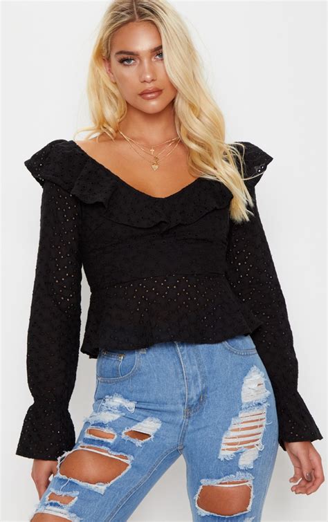 Black Broderie Anglaise Frill Detail Blouse Prettylittlething