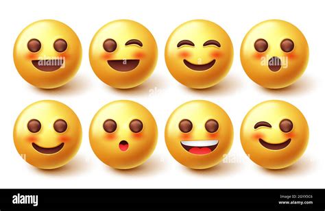 Emoji Blushing Emoticon Vector Set 3d Emoticons In Winking Blushing