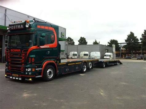 Scania Flatbed Engaged With Flatbed Trailer Vrachtwagens