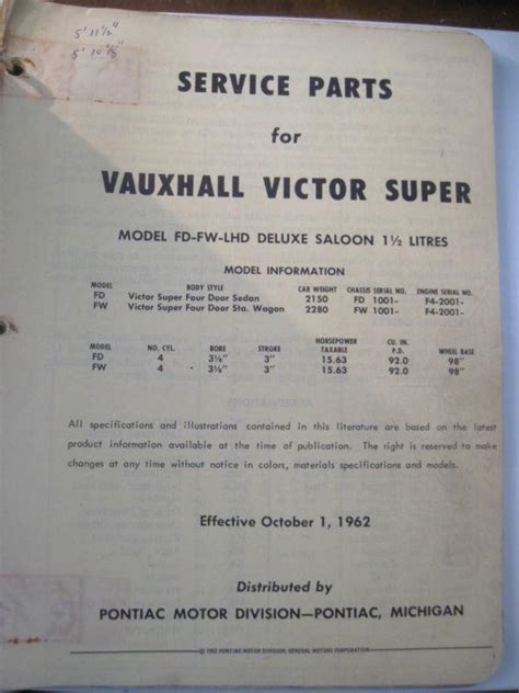 Buy 1962 Vauxhall Master Parts Catalog Victor Super In Norridgewock