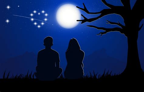 A Couple Man And Woman Sitting Under Tree With Moon On Sky At Night