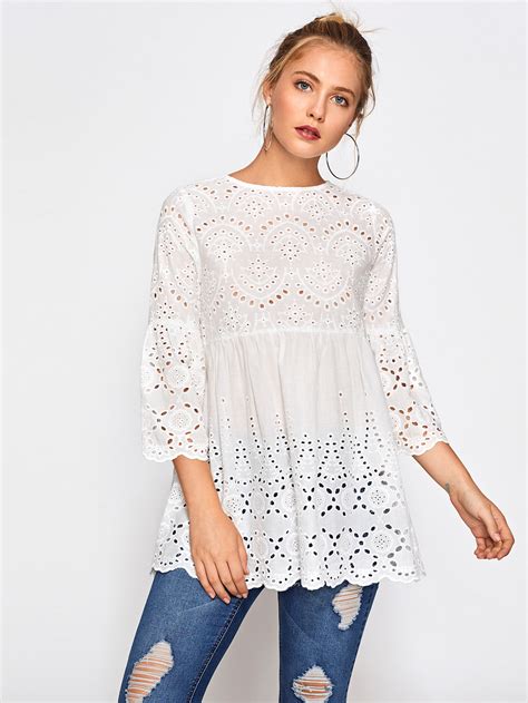 Eyelet Embroidered Scallop Trim Smock Blouse Emmacloth Women Fast