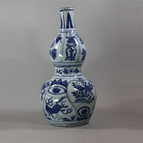 Chinese Blue And White Kraak Double Gourd Vase Wanli Bada