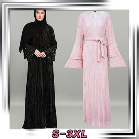 Muslim Long Sleeve Maxi Abaya Pearls Design Muslim Dress Solid Color