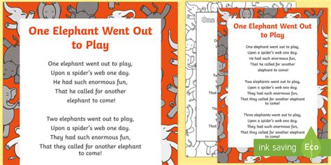 One Elephant Went Out To Play Nursery Rhyme Poster