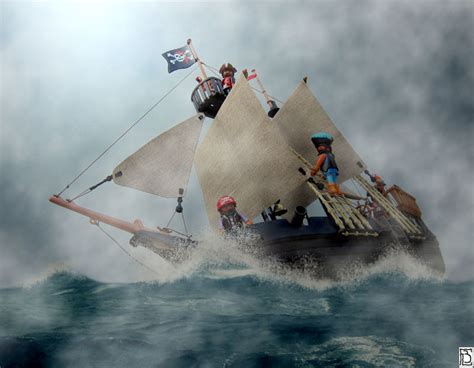 Pirate, bateau, drapeau pirate, perroquet. Mer agitée - Bateaux Pirates Playmobil