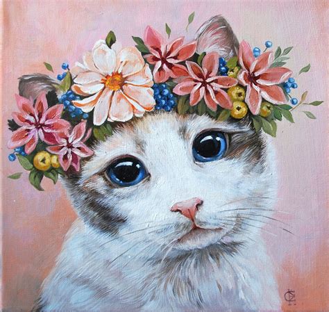 Sweet Cat Art With A Crown Of Flowers By Zhenya Filippova