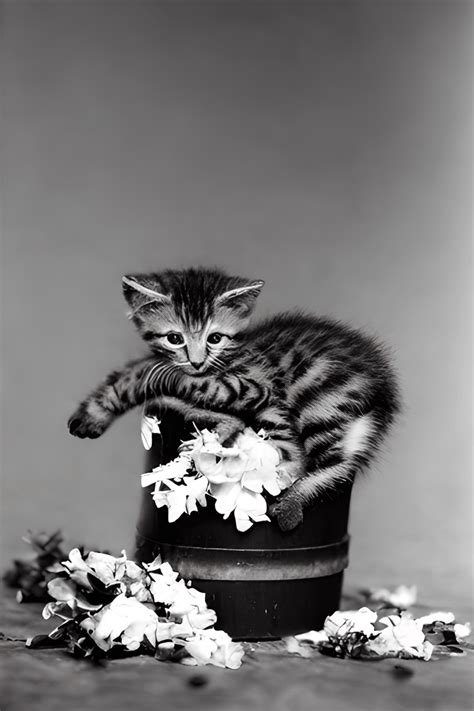 Cute Baby Kittens With Flowers In Barrel · Creative Fabrica