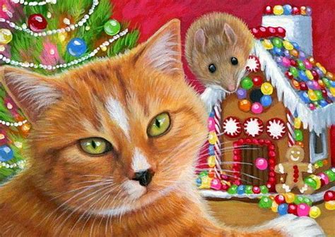 Aceo Original Cat Mouse Gingerbread House Christmas Tree Painting Art