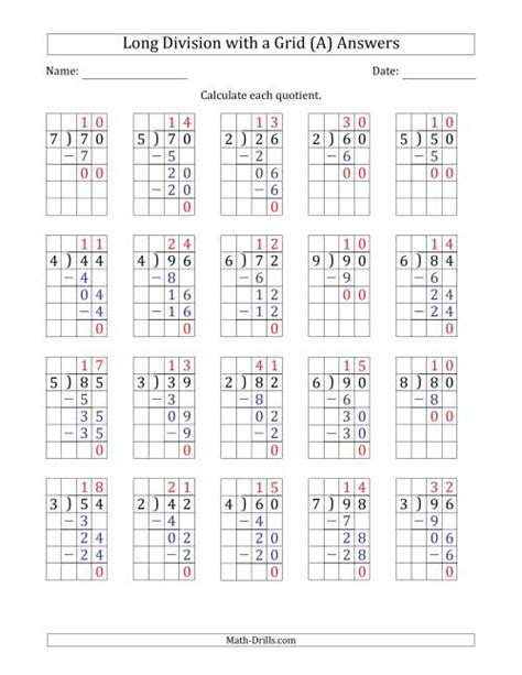 2 Digit By 1 Digit Long Division With Grid Assistance And Prompts And