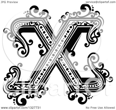 Clipart Of A Retro Black And White Capital Letter X With Flourishes