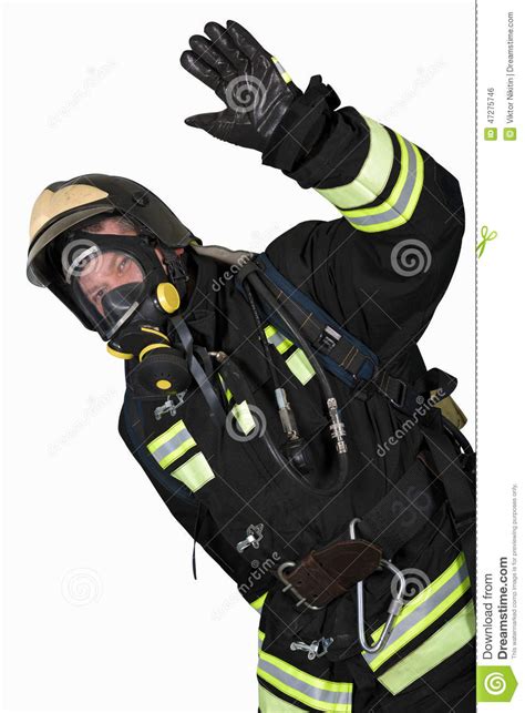Firefighter In Breathing Apparatus Gestures Ok Stock Photo