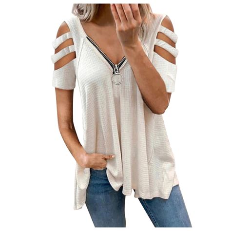 Dndkilg Women Plus Size Short Sleeve Solid Blouse Shirts Lady Casual V Neck Cold Shoulder T