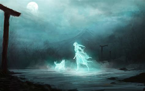 Night Moon Ghost Fantasy Spirit Girl Art Wolf Wallpapers Hd