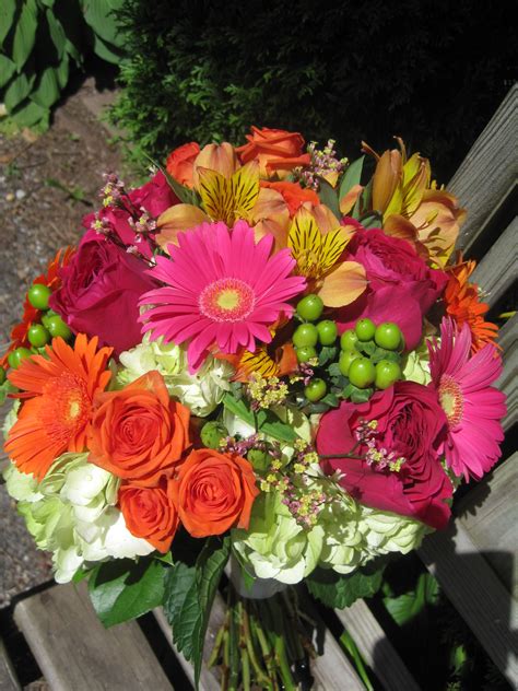 Summery Bridal Bouquet With Hydrangeas Gerber Daisies Hypericum