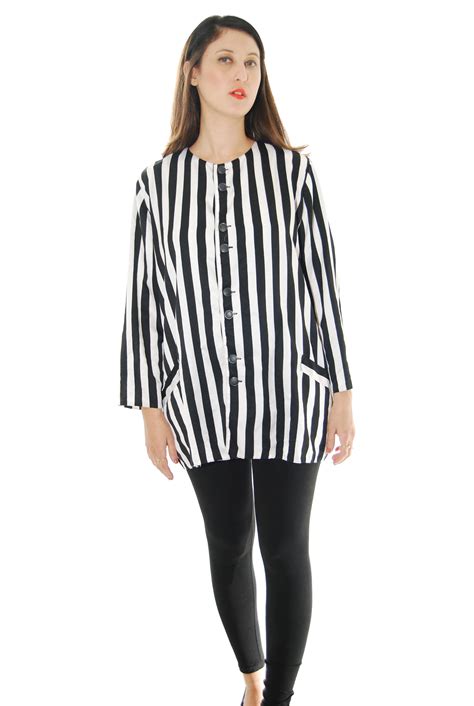 Black And White Striped Print Vintage Blouse For Women