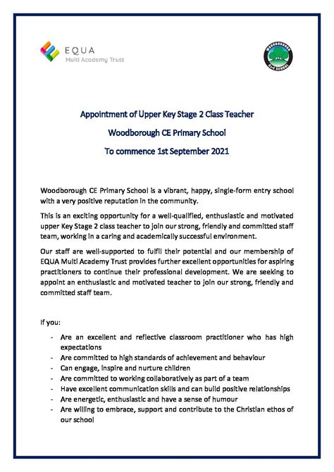 upper key stage 2 class teacher for september 2021 woodborough ce primary school woodborough