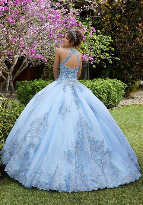 Elegant Metallic Crystal Beaded Light Blue Quinceañera Dress By Morilee