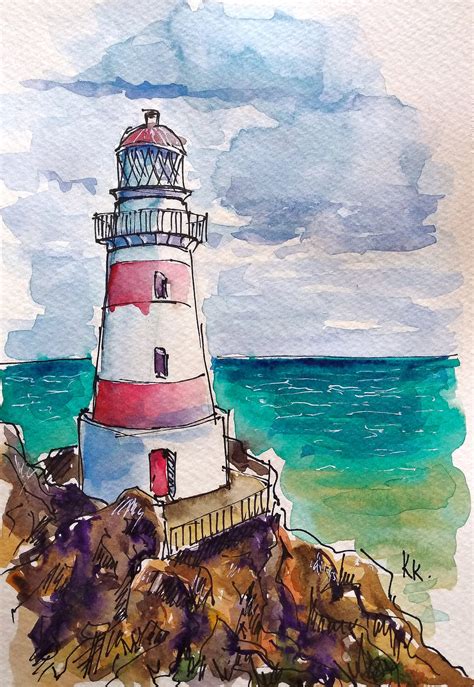 Lighthouse Painting Original Watercolor Seascape Artwork Etsy