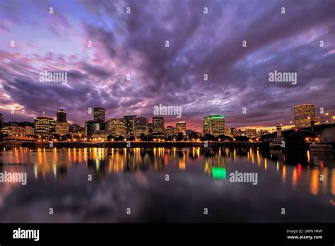Portland Oregon Downtown Waterfront City Skyline With Reflection On