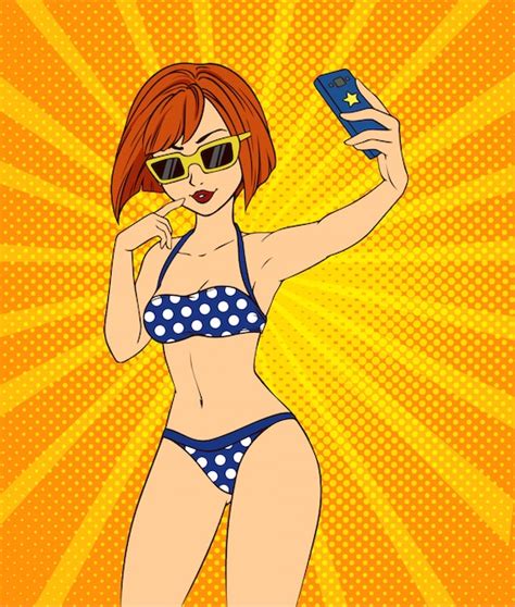Premium Vector Sexy Cartoon Woman Takes A Selfie In Pop Art Style