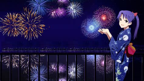 New Year Anime Kimono Fireworks The Idolmster Kisaragi