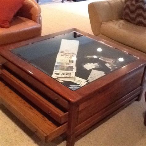 Glass top coffee table with 2 drawers. 40" x 40" x 18" Glass Top, 3 drawer Display (Map) Coffee ...